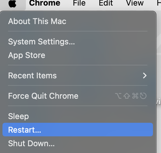 screenshot of a computer menu with restart highlighted