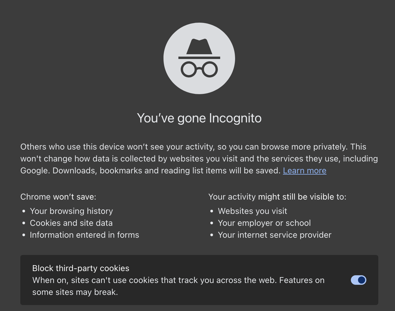 screnshot of incognito browsing